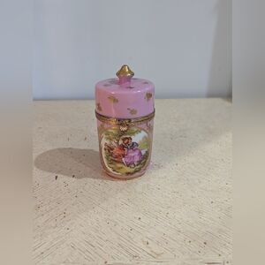 Pink Porcelain Trinket Box with Gold Accents and Romantic Scene Limoges France